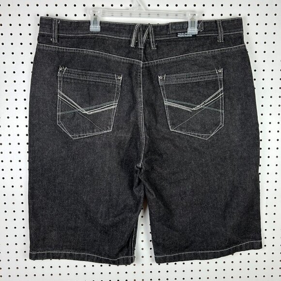 Black Goth Punk Wide Leg Denim Jean Shorts JNCO Style Skate Baggy Stitched Sz 42 - Picture 1 of 6